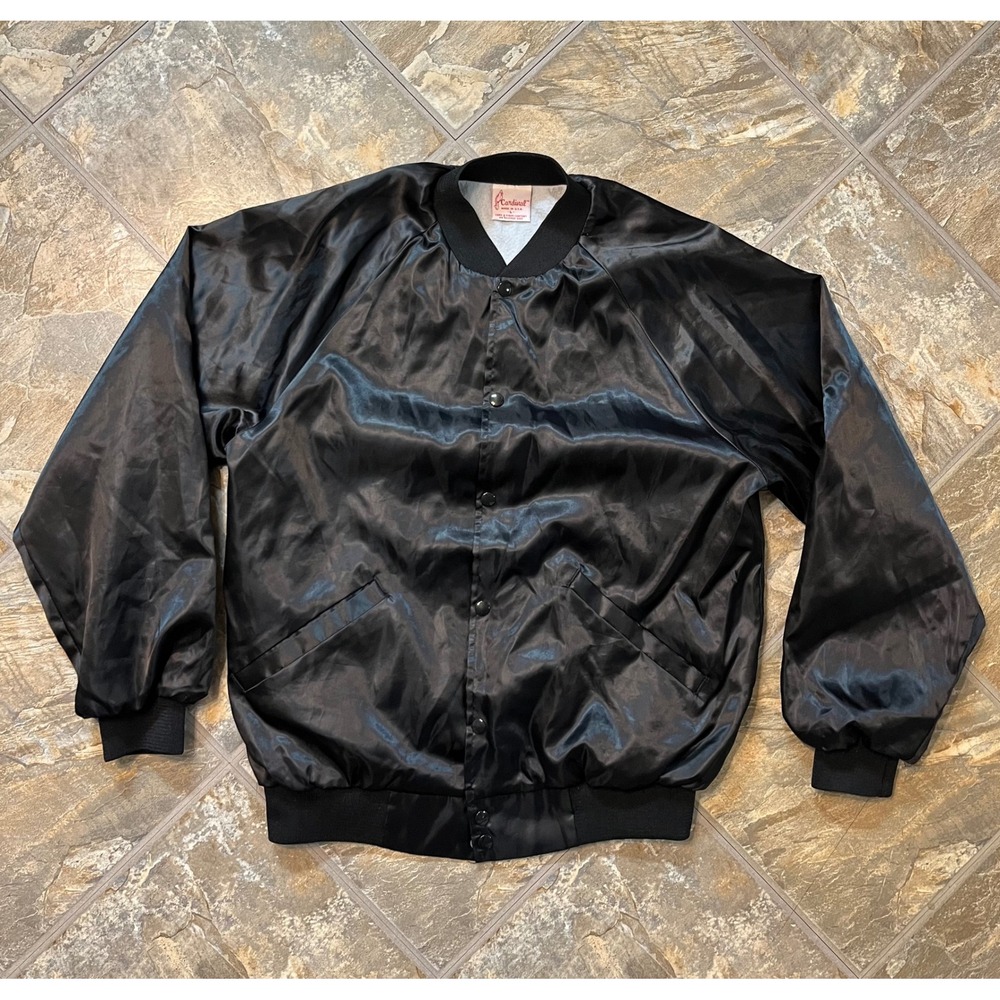 Cardinal Bomber Jacket Mens Large Black Vintage Chevrolet Satin Snap